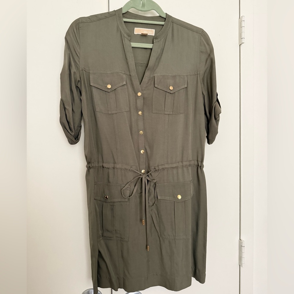 Michael Kors Olive Utility Shirt Dress with Gold Snaps